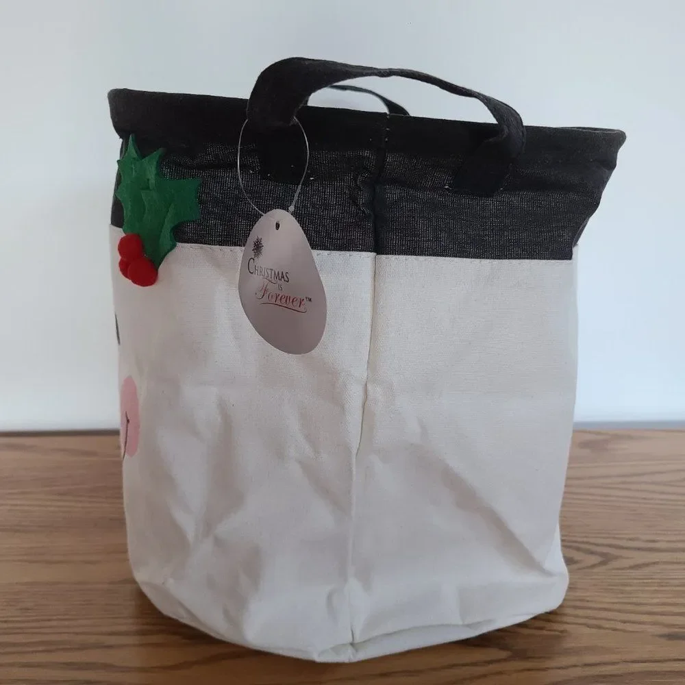 Christmas is Forever Canvas Snowman Tote Gift Basket Item 72776C Two Handles NWT